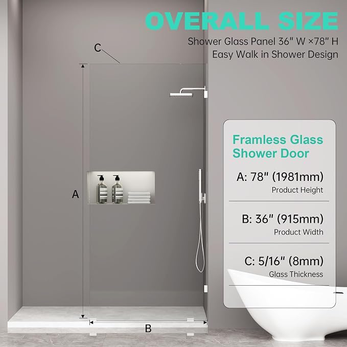 Frameless Fixed Shower Screen 36" W × 78" H, Shower Glass Panel, 5/16" SGCC - Image 6