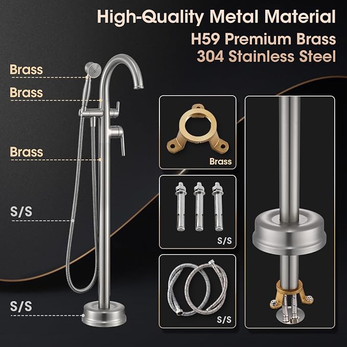 Brushed Nickel Freestanding Bathtub Faucet, Brass Floor Mount Tub Faucet High - Image 7