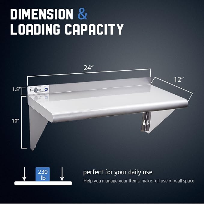 Profeeshaw NSF Stainless Steel Shelf 12” x 24”, 230 lb Commercial Shelves Wall - Image 3