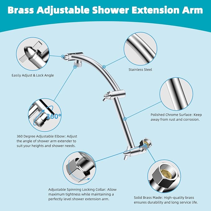 Hibbent Rain Shower Head, Solid Brass Adjustable Shower Arm Extender, Waterfall - Image 5