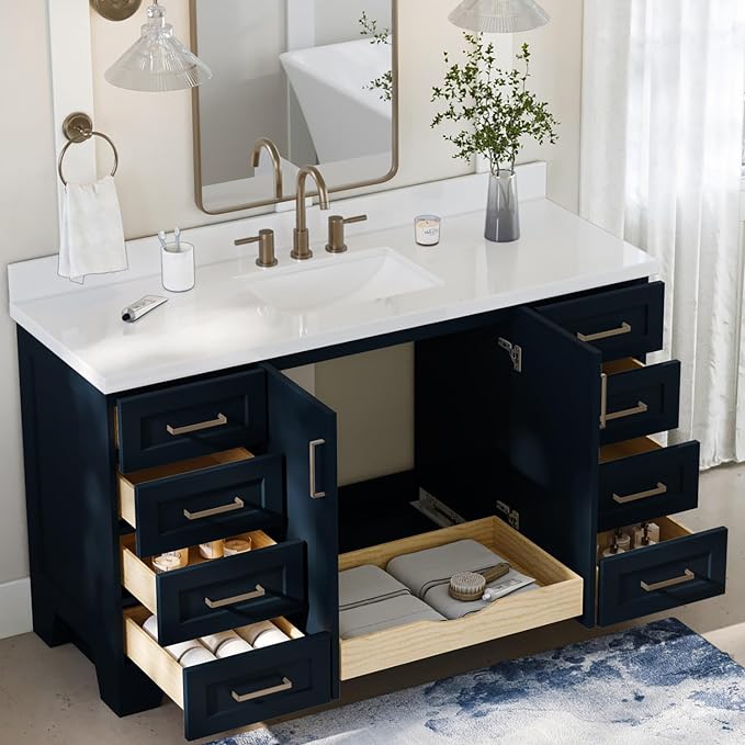 ARIEL 61" Midnight Blue Bathroom Vanity 1.5" Edge Pure White Quartz Countertop - Image 4