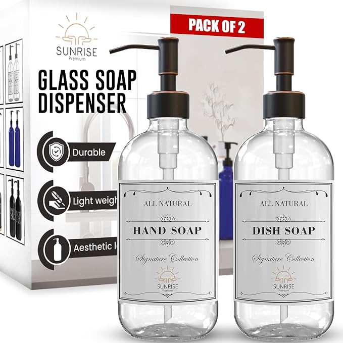 2 Pack Clear Glass Soap Dispenser 16 OZ by SunrisePremium
