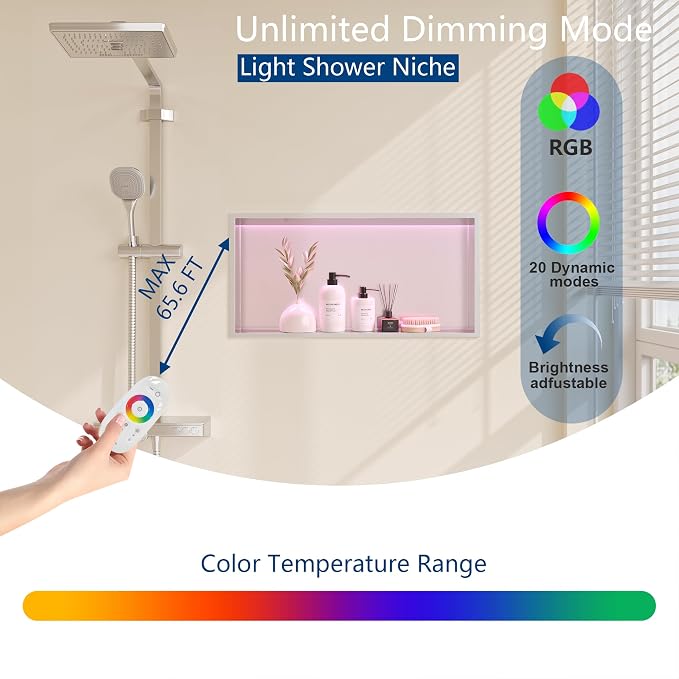 RGB LED Light Shower Niche, Brushed 24X12 in Stainless Steel Wall Cabinet - Image 5