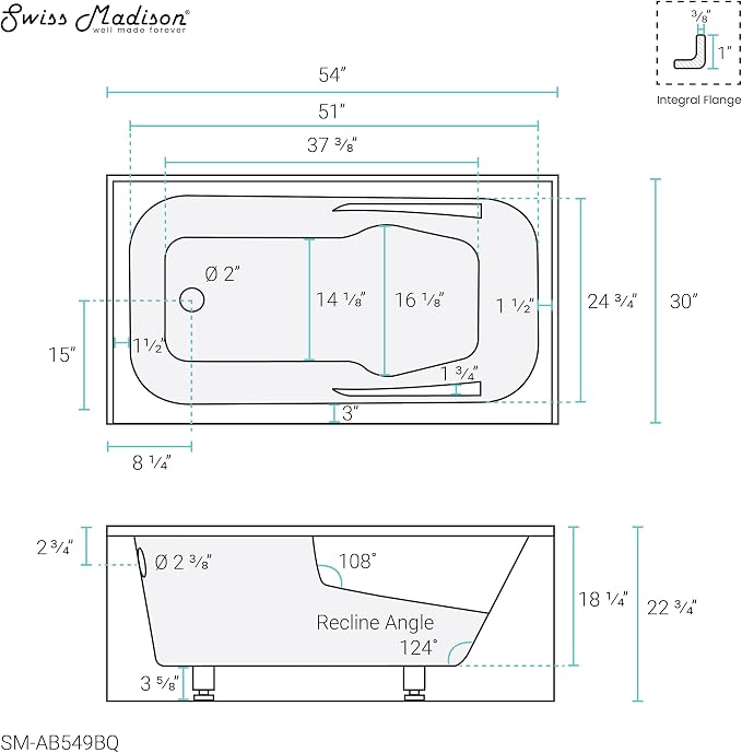 Voltaire 54" X 30" Left-Hand Drain Alcove Bathtub - Image 11