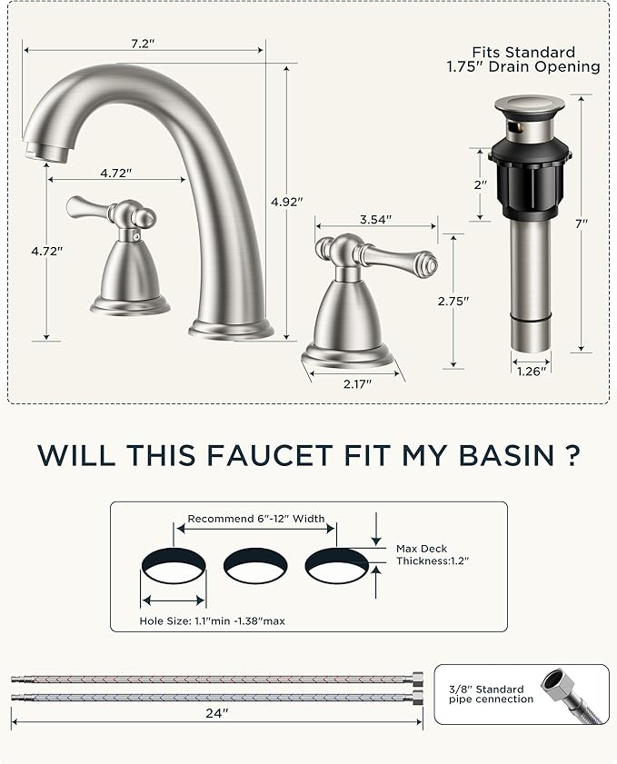 FORIOUS Faucet for Bathroom Sink 3 Hole, Brushed Nickel Bathroom Faucet - Image 2