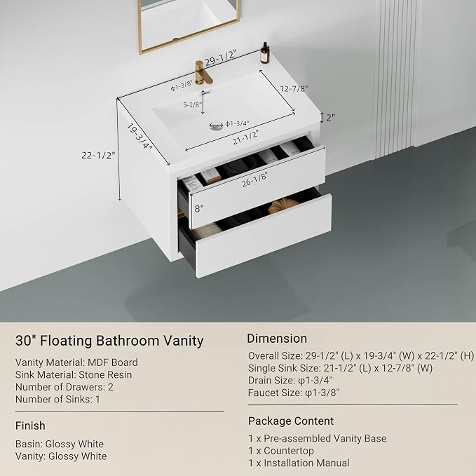 Modern 30" Wall-Mounted Bathroom Vanity - Image 2