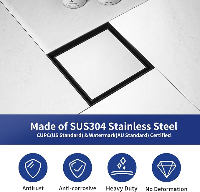 Square Shower Drain 6", Matte Black Floor Drain - Image 6