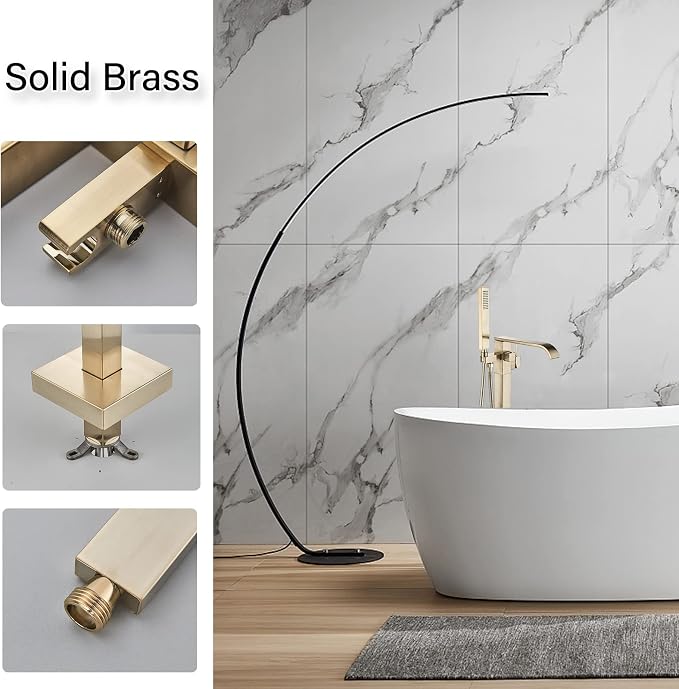 Freestanding Bathtub Faucet Brushed Gold Floor Mount Waterfall Tub Filler High - Image 4