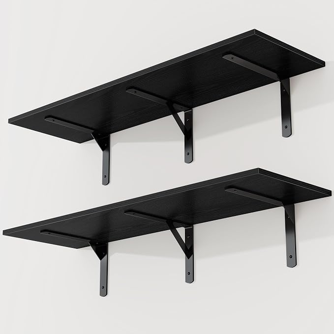 Black Floating Shelves 40"W x 12"D, Deep Wall Shelves by FunMemories