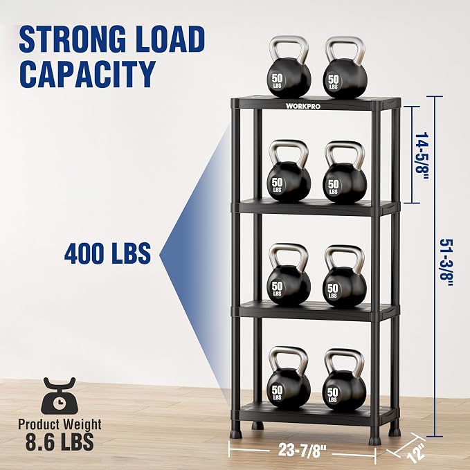 WORKPRO 4-Tier Plastic Storage Shelves, 400lb Capacity Shelving Unit, 51.4" H x - Image 3