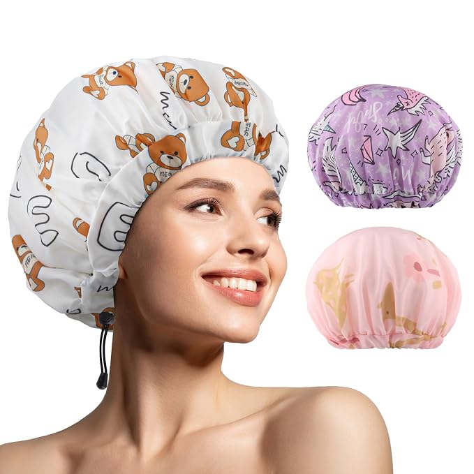 3 PCS Shower Caps for Women, Upgrade Comfortable & Extra Large & Double Layers by WINSTECK