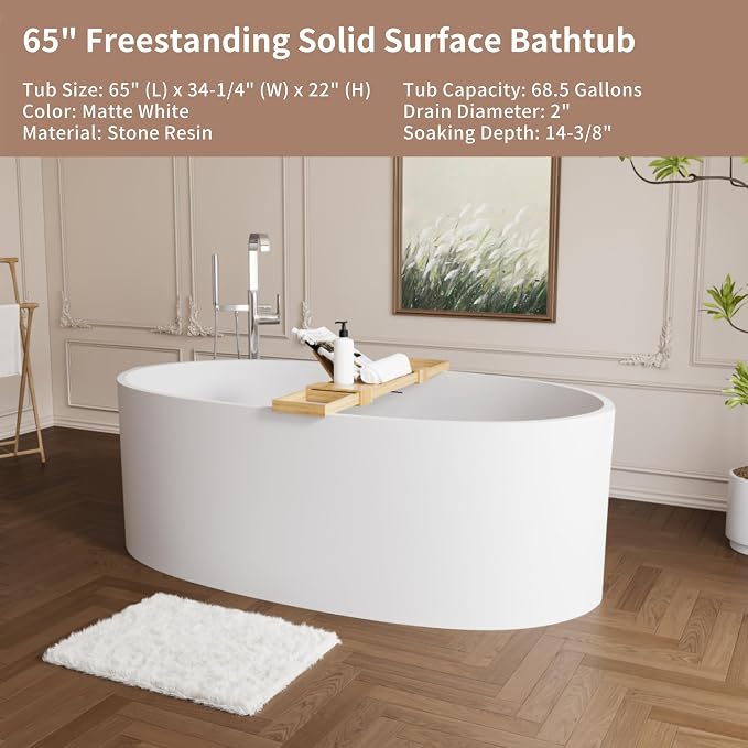 Abruzzo 65" Matte White Freestanding Solid Surface Bathtub, Stone Resin - Image 8