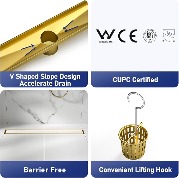 Linear Shower Drain 18", Brushed Gold Floor Drain - Image 3
