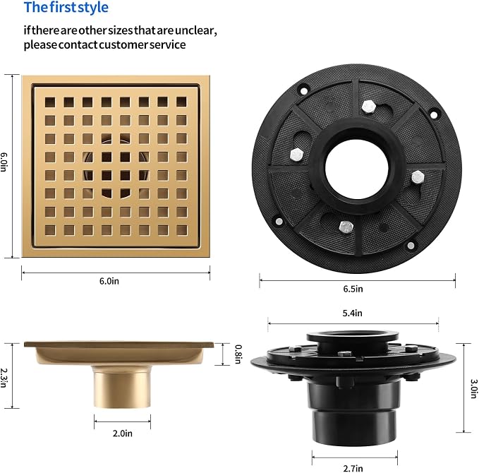 Shower Drain, Brushed Gold 6 inch Shower Floor Square Drain - Image 6