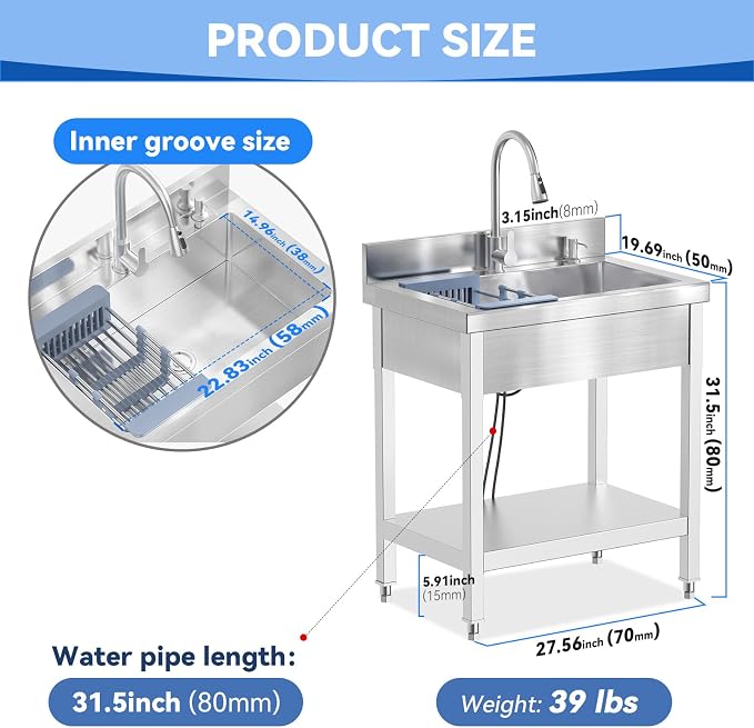 27inch Stainless Steel Utility Sink, Commercial Kitchen Single Bowl Sink - Image 2