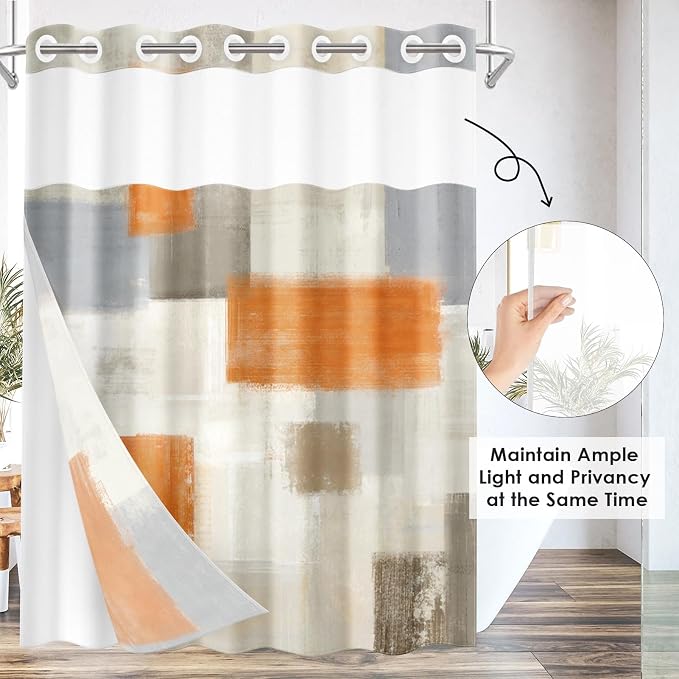 No Hook Grey Beige Orange Painting Shower Curtain - Image 6