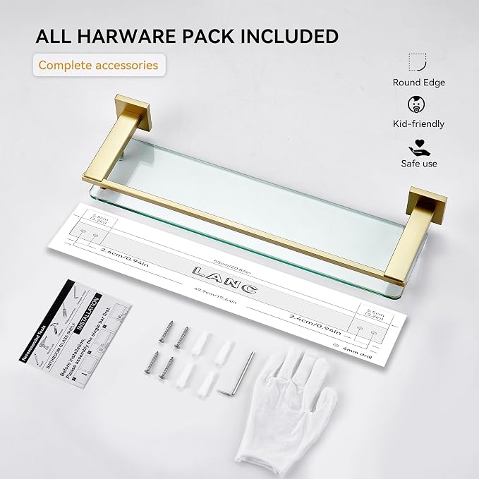 LANC Gold Bathroom Shelf Glass Shelves 20-Inch Floating Tempered Glass Shelf - Image 7
