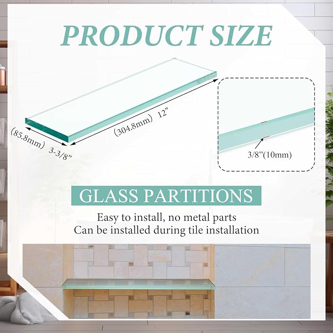 2 Pcs 13-5/8" X 4-1/4" X 3/8'' Thick Tempered Glass Shelf Clear Flat Polished - Image 3