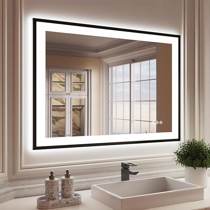 ISKM Framed LED Mirror for Bathroom 44"x30", Dimmable LED Bathroom Mirror by ISKM-IStillKeepMovin