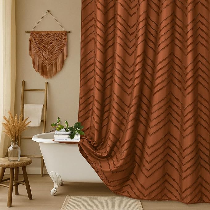 Orange Shower Curtain 72 x 72 Vintage Farmhouse Textured Tufted Chevron Striped by TURKIO