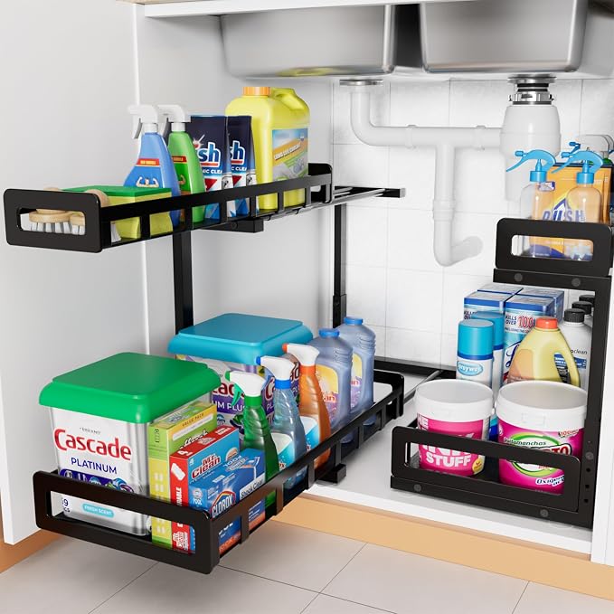 Under Sink Organizer, Metal Large Capacity 2-Tier Sliding Cabinet Storage Rack by Luosiviwi