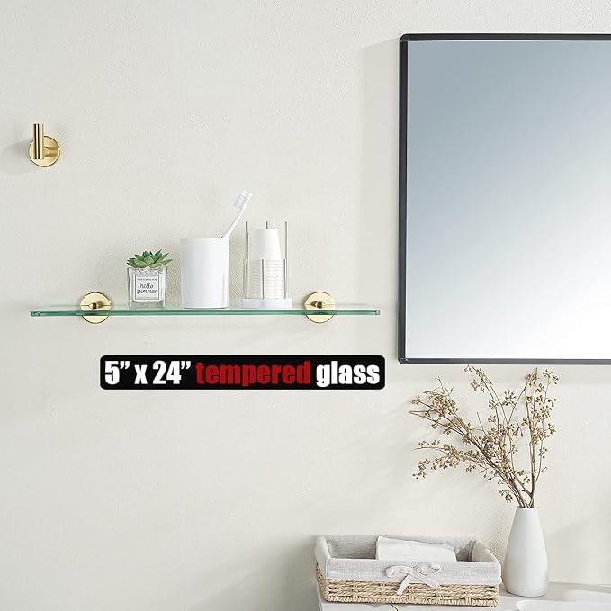 JQK Bathroom Glass Shelf Gold, Tempered Glass Shower Storage 24 by 5 inches - Image 2
