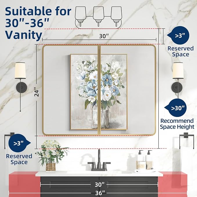 Bathroom Medicine Cabinet with Mirror 24 x 30 Inch, Brush Gold Medicine Cabinet - Image 2