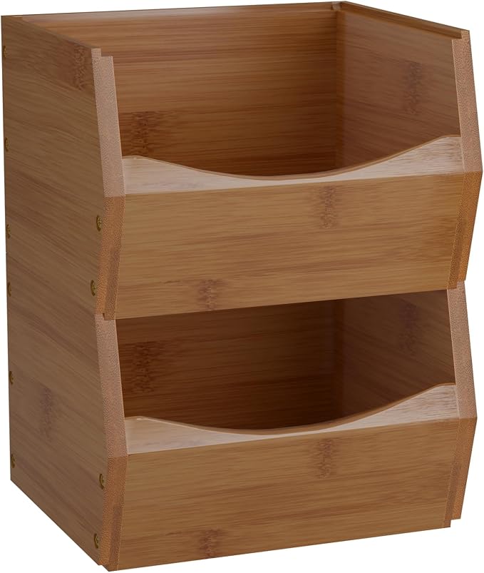 2 Set Open Front Small Stackable Storage Bins, Bamboo Stacking Storage Bins - Image 8