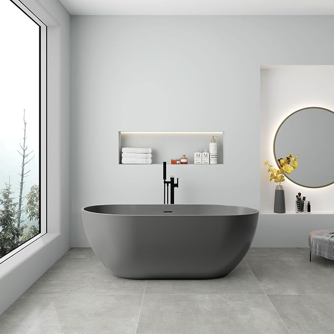 SJ STAR&JANE 59" Solid Surface Freestanding Bathtub Oval Stone Resin Soaking by SJSTARJANE