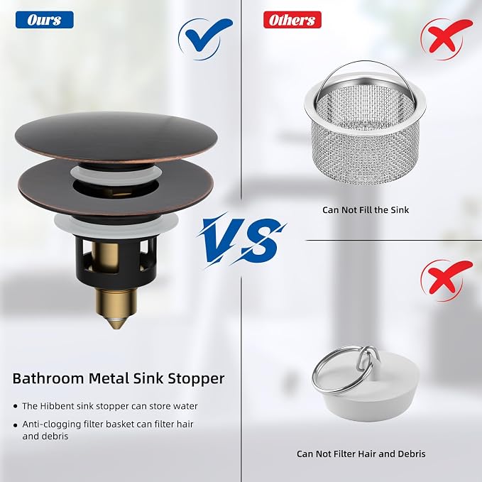 Hibbent All Metal 2 in 1 Bathroom Sink Stopper, Universal Pop Up Drain Strainer - Image 5