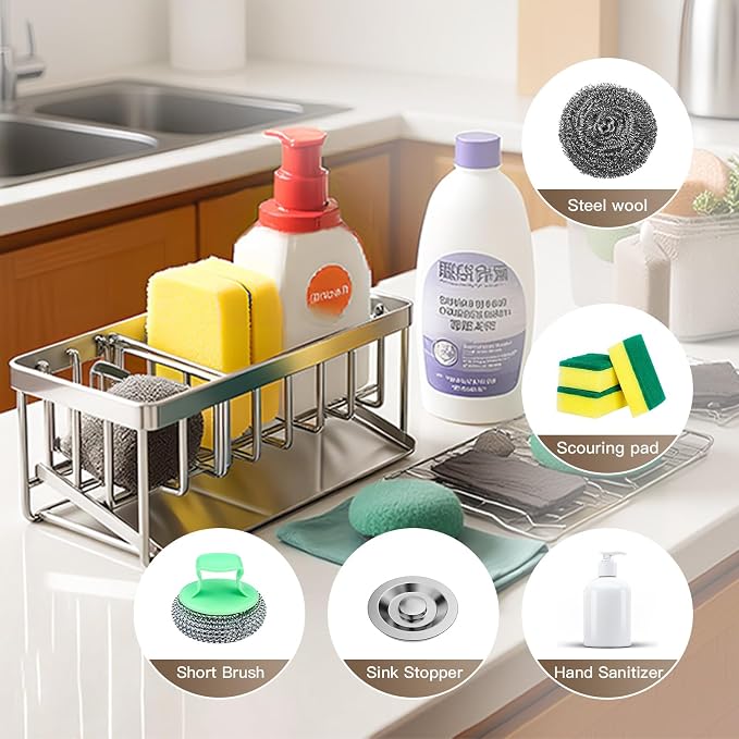 Sink Caddy Sponge Holder for Kitchen, 18/8 Stainless Steel Self Drain Tray - Image 2