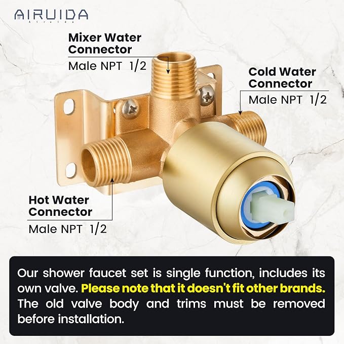 Airuida Square Single-Function Brass Faucet Shower Rough-in Valve Male Thread - Image 2