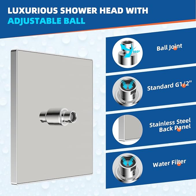 Hibbent Thickness Metal Rain Shower Head, 12 Inch High Pressure Shower Heads - Image 4