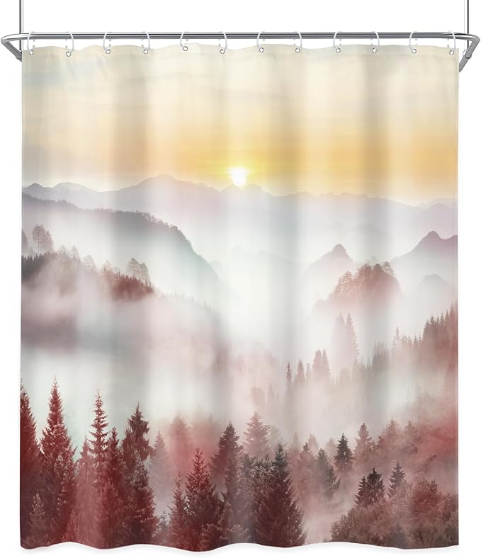 Riyidecor Misty Mountain Shower Curtain 60Wx72H Inch Red Sunrise Nature Scenery - Image 8