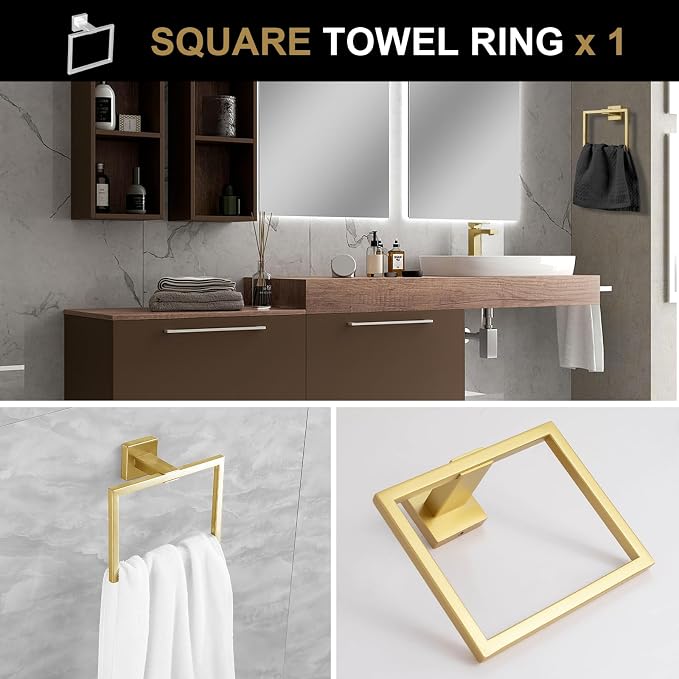 Brushed Gold Towel Bar Set, Lava Odoro 5-Piece Bathroom Hardware Set Gold Towel - Image 3