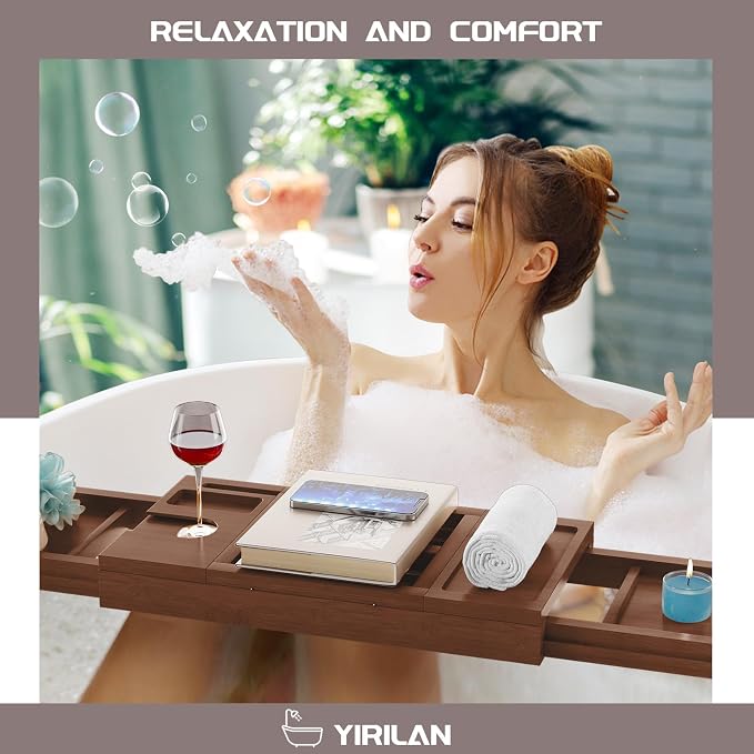 Yirilan Bamboo Bathtub Tray, Expandable Bathroom Tray - Image 5