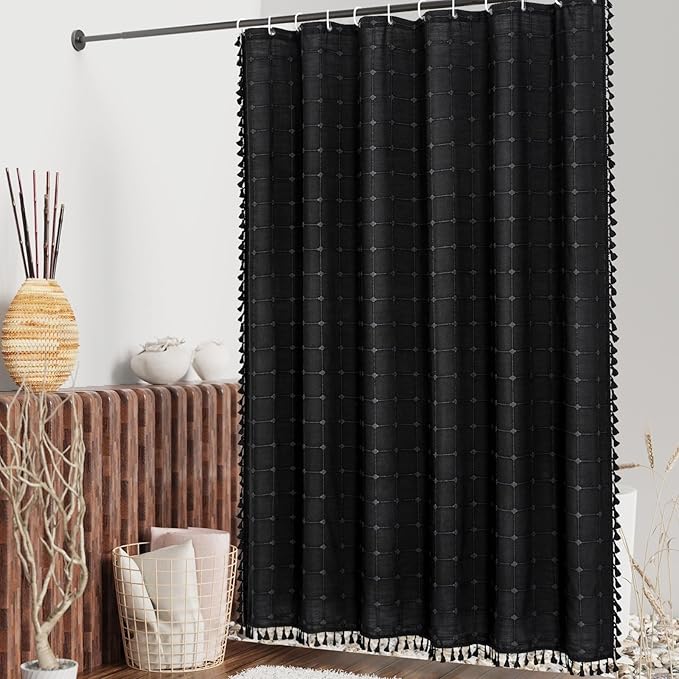 MitoVilla 72 x 84 Black Boho Extra Long Shower Curtain, Modern Farmhouse 84 - Image 2