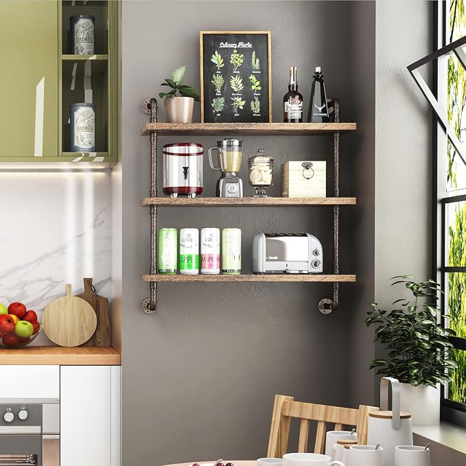 Helsin 3 Tier Industrial Pipe Shelf Rustic Wood Floating Shelves, Wall Display - Image 2