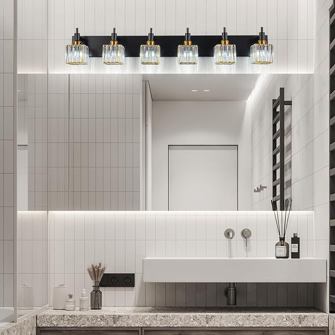 6-Lights Crystal Bathroom Vanity Light Black Gold Modern Bathroom Lighting - Image 3