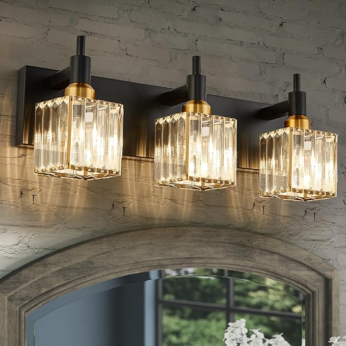 Modern Crystal Bathroom Vanity Light 3-Light Brass Wall Light Fixtures Over by HUOKU