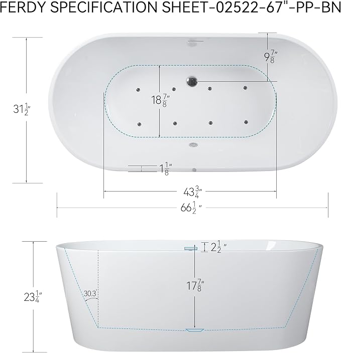 FerdY Shangri-La 67 Inch Freestanding Whirlpool Bathtub, Oval - Image 7