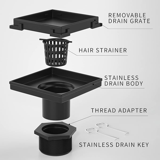 Square Shower Drain 4", Matte Black Floor Drain - Image 8