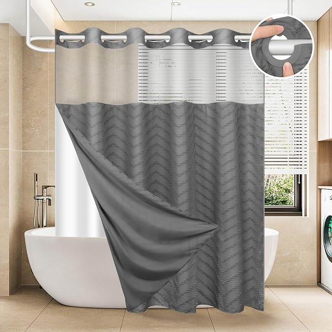 No Hook Shower Curtain and Snap in Liner Set Grey Tufted Chevron Striped Cloth by FADOTY
