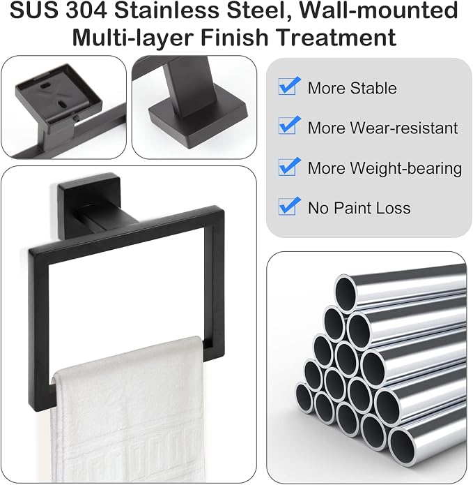 Matte Black Towel Ring, Square Hand Towel Holder, Towel Hanger, Bathroom - Image 3