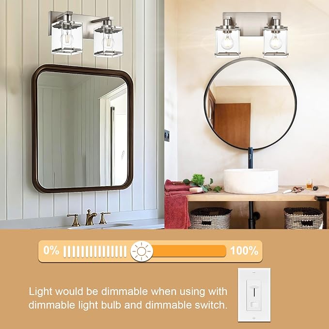 2-Lights Wall Sconce Lighting E26 Bulb Base, Modern Brushed Nickel Bathroom - Image 3