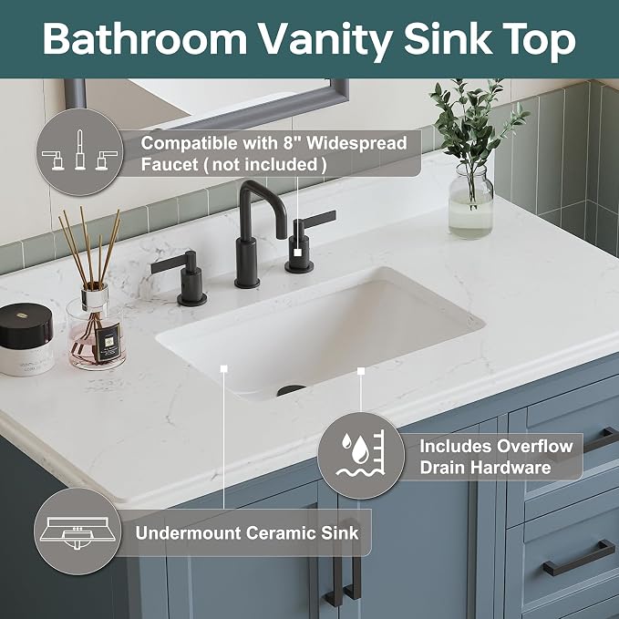 42 Inch Bathroom Vanity with Sink, Fully Assembled Solid Wood Frame Bathroom - Image 4