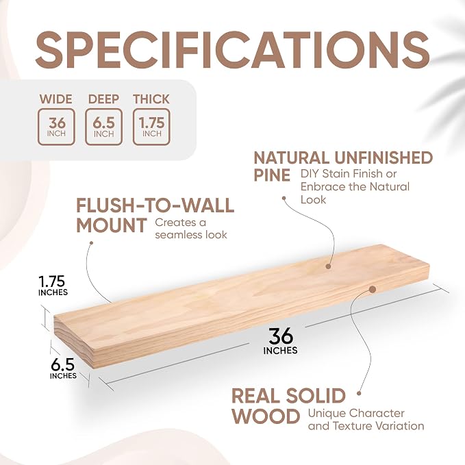 Homeforia 36 inch Wood Floating Shelves, High End Solid Natural Wood 36inch - Image 2