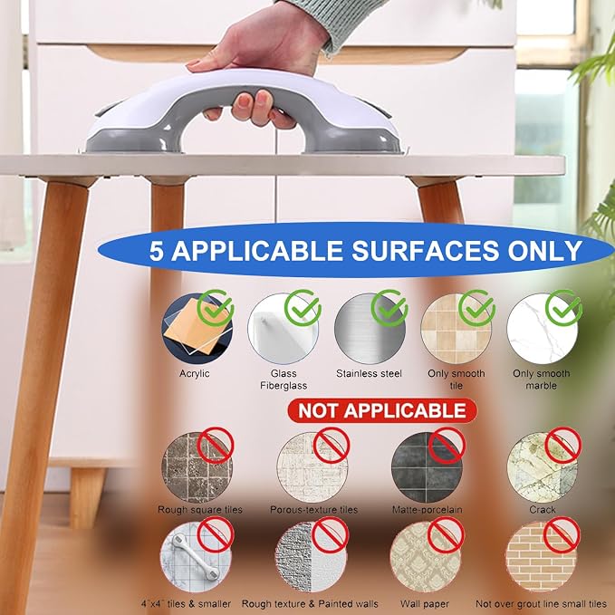 Shower Handles for Elderly Suction Seniors Cup 12 Inch Grey Grab Bar Safety - Image 5
