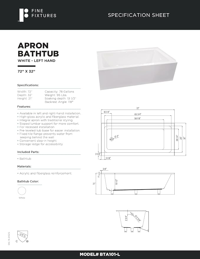 Fine Fixtures Acrylic, Fiberglass Alcove Soaking Bathtub - Image 9