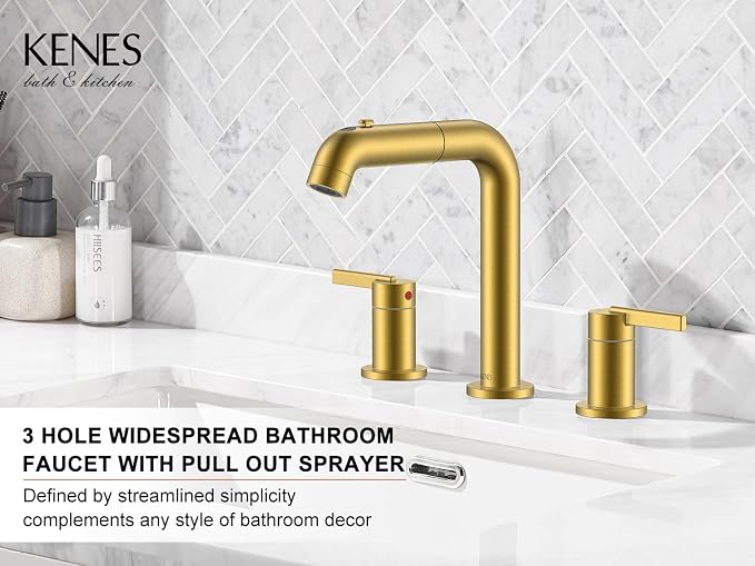 KENES Brushed Gold Pull Down Bathroom Faucet, 8 Inch 2 Handle Widespread - Image 2